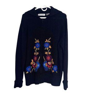 Victoria Jones Woman Embroidered Floral Zip Cardigan Sweater Black Cotton